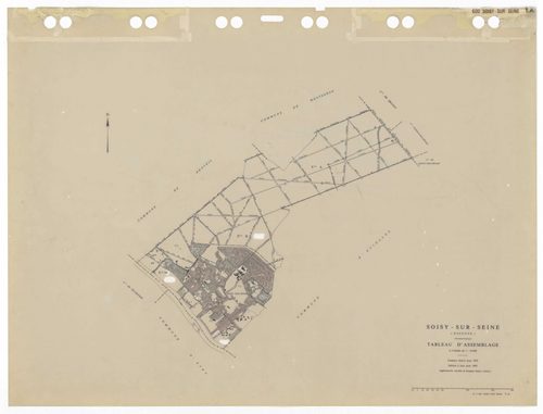 SOISY-SUR-SEINE, plans minutes de conservation : tableau d'assemblage,1935, Ech. 1/10000 ; plans des sections AU, 1935, Ech. 1/5000, sections BU, C1, 1935, Ech. 1/2500, sections C2, C3, C4, C5, 1935, Ech. 1/1250, sections AB, AC, 1981, Ech. 1/1000, sectio