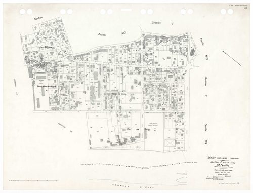 SOISY-SUR-SEINE, plans minutes de conservation : tableau d'assemblage,1935, Ech. 1/10000 ; plans des sections AU, 1935, Ech. 1/5000, sections BU, C1, 1935, Ech. 1/2500, sections C2, C3, C4, C5, 1935, Ech. 1/1250, sections AB, AC, 1981, Ech. 1/1000, sectio