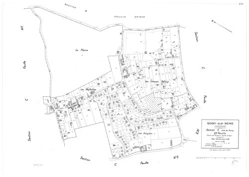 SOISY-SUR-SEINE. - Cadastre révisé pour 1935 : plans de la section A la Forêt, section B la Plaine, section C Soisy 1ère feuille, idem 2ème feuille, idem 3ème feuille, idem 4ème feuille, idem 5ème feuille; cadastre révisé pour 1935 renouvelé pour 1940 : p