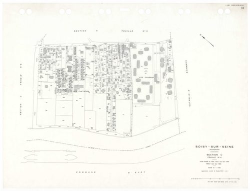 SOISY-SUR-SEINE, plans minutes de conservation : tableau d'assemblage,1935, Ech. 1/10000 ; plans des sections AU, 1935, Ech. 1/5000, sections BU, C1, 1935, Ech. 1/2500, sections C2, C3, C4, C5, 1935, Ech. 1/1250, sections AB, AC, 1981, Ech. 1/1000, sectio