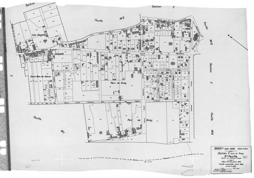 SOISY-SUR-SEINE. - Cadastre révisé pour 1935 : plans de la section A la Forêt, section B la Plaine, section C Soisy 1ère feuille, idem 2ème feuille, idem 3ème feuille, idem 4ème feuille, idem 5ème feuille; cadastre révisé pour 1935 renouvelé pour 1940 : p