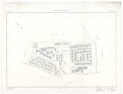 SOISY-SUR-SEINE, plans minutes de conservation : tableau d'assemblage,1935, Ech. 1/10000 ; plans des sections AU, 1935, Ech. 1/5000, sections BU, C1, 1935, Ech. 1/2500, sections C2, C3, C4, C5, 1935, Ech. 1/1250, sections AB, AC, 1981, Ech. 1/1000, sectio