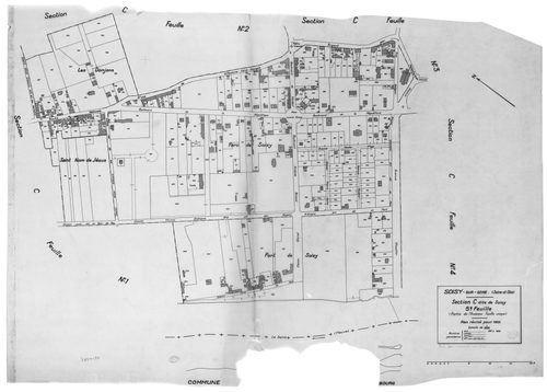 SOISY-SUR-SEINE. - Cadastre révisé pour 1935 : plans de la section A la Forêt, section B la Plaine, section C Soisy 1ère feuille, idem 2ème feuille, idem 3ème feuille, idem 4ème feuille, idem 5ème feuille; cadastre révisé pour 1935 renouvelé pour 1940 : p
