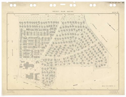 SOISY-SUR-SEINE, plans minutes de conservation : tableau d'assemblage,1935, Ech. 1/10000 ; plans des sections AU, 1935, Ech. 1/5000, sections BU, C1, 1935, Ech. 1/2500, sections C2, C3, C4, C5, 1935, Ech. 1/1250, sections AB, AC, 1981, Ech. 1/1000, sectio