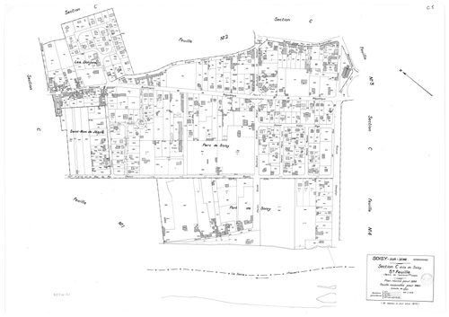 SOISY-SUR-SEINE. - Cadastre révisé pour 1935 : plans de la section A la Forêt, section B la Plaine, section C Soisy 1ère feuille, idem 2ème feuille, idem 3ème feuille, idem 4ème feuille, idem 5ème feuille; cadastre révisé pour 1935 renouvelé pour 1940 : p