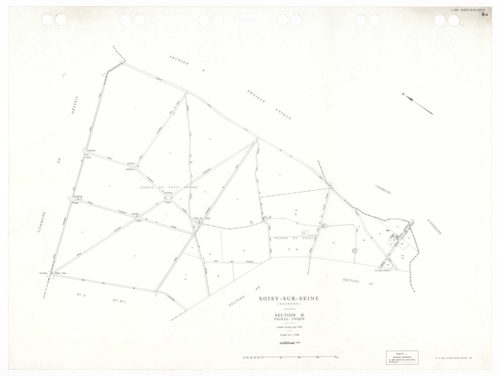 SOISY-SUR-SEINE, plans minutes de conservation : tableau d'assemblage,1935, Ech. 1/10000 ; plans des sections AU, 1935, Ech. 1/5000, sections BU, C1, 1935, Ech. 1/2500, sections C2, C3, C4, C5, 1935, Ech. 1/1250, sections AB, AC, 1981, Ech. 1/1000, sectio