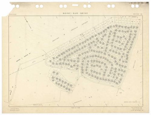 SOISY-SUR-SEINE, plans minutes de conservation : tableau d'assemblage,1935, Ech. 1/10000 ; plans des sections AU, 1935, Ech. 1/5000, sections BU, C1, 1935, Ech. 1/2500, sections C2, C3, C4, C5, 1935, Ech. 1/1250, sections AB, AC, 1981, Ech. 1/1000, sectio