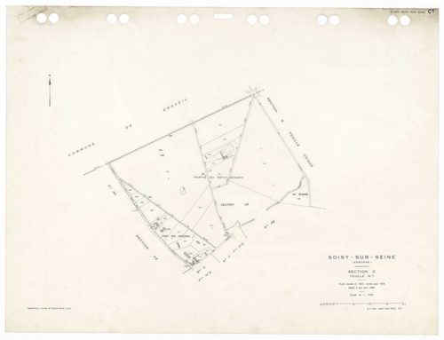 SOISY-SUR-SEINE, plans minutes de conservation : tableau d'assemblage,1935, Ech. 1/10000 ; plans des sections AU, 1935, Ech. 1/5000, sections BU, C1, 1935, Ech. 1/2500, sections C2, C3, C4, C5, 1935, Ech. 1/1250, sections AB, AC, 1981, Ech. 1/1000, sectio