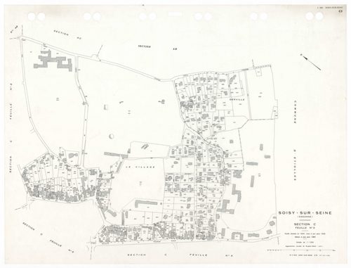 SOISY-SUR-SEINE, plans minutes de conservation : tableau d'assemblage,1935, Ech. 1/10000 ; plans des sections AU, 1935, Ech. 1/5000, sections BU, C1, 1935, Ech. 1/2500, sections C2, C3, C4, C5, 1935, Ech. 1/1250, sections AB, AC, 1981, Ech. 1/1000, sectio