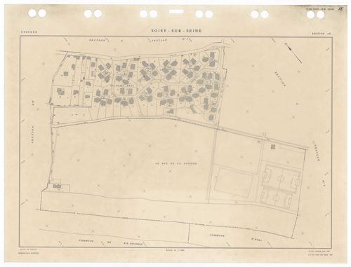 SOISY-SUR-SEINE, plans minutes de conservation : tableau d'assemblage,1935, Ech. 1/10000 ; plans des sections AU, 1935, Ech. 1/5000, sections BU, C1, 1935, Ech. 1/2500, sections C2, C3, C4, C5, 1935, Ech. 1/1250, sections AB, AC, 1981, Ech. 1/1000, sectio