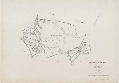 SOUZY-LA-BRICHE, plans minutes de conservation : tableau d'assemblage, 1933, Ech. 1/10000 ; plans des sections A1, A3, B1, B3, 1933, Ech. 1/2500, section A2, 1933, Ech. 1/1250, sections ZA, ZB, ZC, ZD, ZE, 1961, Ech. 1/2000. Polyester. N et B. Dim. 105 x 