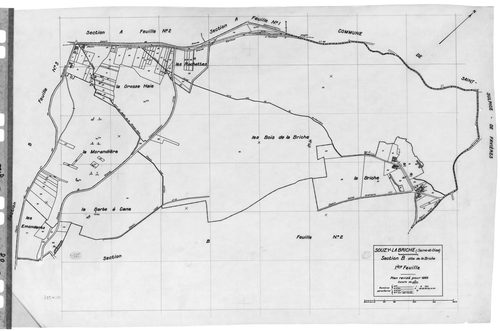 SOUZY-LA-BRICHE. - Cadastre révisé pour 1933 : plan du tableau d'assemblage , plans de la section A le Village 3ème feuille, section B la Briche 1ère feuille, idem 3ème feuille, [4 plans]. 