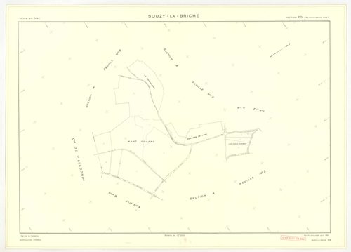 Plans minutes de conservation : SOUZY-LA-BRICHE : tableau d'assemblage, ech. 1/10000 (1933-1968) ; sections A1, ech. 1/2500, section A2, ech. 1/1250, sections A3, ech. 1/2000, section B3, ech. 1/2500 (1933-1968) ; section B1, ech. 1/2000 (1939-1961) ; sec