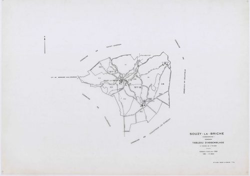 SOUZY-LA-BRICHE, plans minutes de conservation : tableau d'assemblage, 1933, Ech. 1/10000 ; plans des sections A1, A3, B1, B3, 1933, Ech. 1/2500, section A2, 1933, Ech. 1/1250, sections ZA, ZB, ZC, ZD, ZE, 1961, Ech. 1/2000. Polyester. N et B. Dim. 105 x 