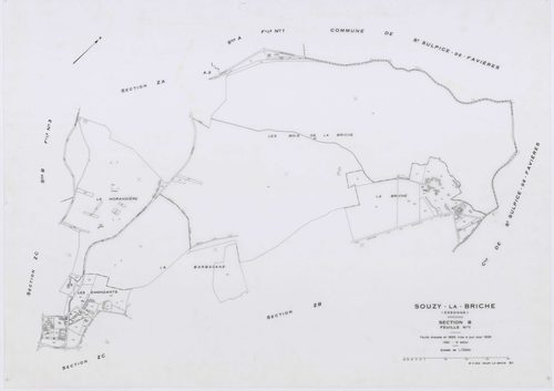 SOUZY-LA-BRICHE, plans minutes de conservation : tableau d'assemblage, 1933, Ech. 1/10000 ; plans des sections A1, A3, B1, B3, 1933, Ech. 1/2500, section A2, 1933, Ech. 1/1250, sections ZA, ZB, ZC, ZD, ZE, 1961, Ech. 1/2000. Polyester. N et B. Dim. 105 x 