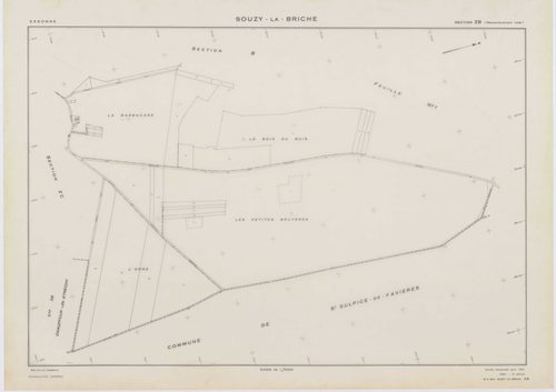 SOUZY-LA-BRICHE, plans minutes de conservation : tableau d'assemblage, 1933, Ech. 1/10000 ; plans des sections A1, A3, B1, B3, 1933, Ech. 1/2500, section A2, 1933, Ech. 1/1250, sections ZA, ZB, ZC, ZD, ZE, 1961, Ech. 1/2000. Polyester. N et B. Dim. 105 x 