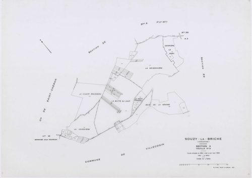 SOUZY-LA-BRICHE, plans minutes de conservation : tableau d'assemblage, 1933, Ech. 1/10000 ; plans des sections A1, A3, B1, B3, 1933, Ech. 1/2500, section A2, 1933, Ech. 1/1250, sections ZA, ZB, ZC, ZD, ZE, 1961, Ech. 1/2000. Polyester. N et B. Dim. 105 x 