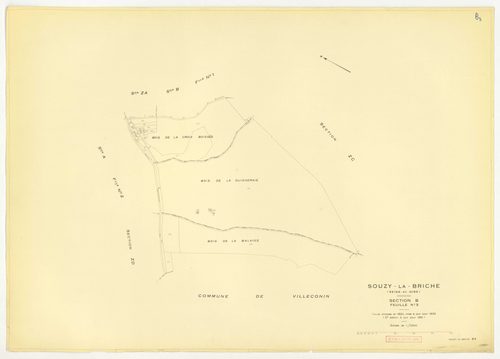 Plans minutes de conservation : SOUZY-LA-BRICHE : tableau d'assemblage, ech. 1/10000 (1933-1968) ; sections A1, ech. 1/2500, section A2, ech. 1/1250, sections A3, ech. 1/2000, section B3, ech. 1/2500 (1933-1968) ; section B1, ech. 1/2000 (1939-1961) ; sec