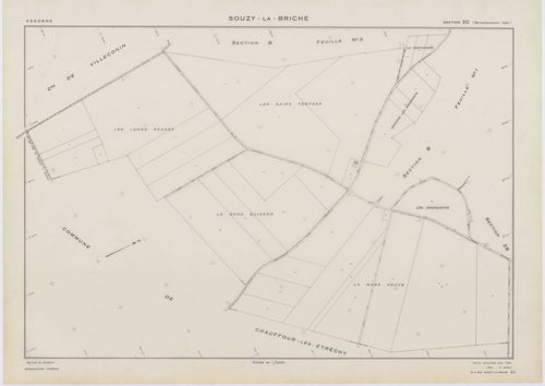 SOUZY-LA-BRICHE, plans minutes de conservation : tableau d'assemblage, 1933, Ech. 1/10000 ; plans des sections A1, A3, B1, B3, 1933, Ech. 1/2500, section A2, 1933, Ech. 1/1250, sections ZA, ZB, ZC, ZD, ZE, 1961, Ech. 1/2000. Polyester. N et B. Dim. 105 x 