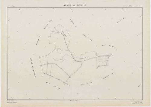 SOUZY-LA-BRICHE, plans minutes de conservation : tableau d'assemblage, 1933, Ech. 1/10000 ; plans des sections A1, A3, B1, B3, 1933, Ech. 1/2500, section A2, 1933, Ech. 1/1250, sections ZA, ZB, ZC, ZD, ZE, 1961, Ech. 1/2000. Polyester. N et B. Dim. 105 x 
