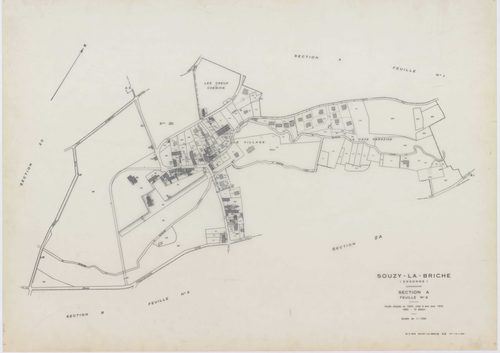 SOUZY-LA-BRICHE, plans minutes de conservation : tableau d'assemblage, 1933, Ech. 1/10000 ; plans des sections A1, A3, B1, B3, 1933, Ech. 1/2500, section A2, 1933, Ech. 1/1250, sections ZA, ZB, ZC, ZD, ZE, 1961, Ech. 1/2000. Polyester. N et B. Dim. 105 x 