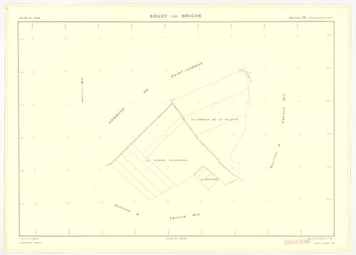 Plans minutes de conservation : SOUZY-LA-BRICHE : tableau d'assemblage, ech. 1/10000 (1933-1968) ; sections A1, ech. 1/2500, section A2, ech. 1/1250, sections A3, ech. 1/2000, section B3, ech. 1/2500 (1933-1968) ; section B1, ech. 1/2000 (1939-1961) ; sec