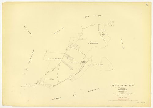 Plans minutes de conservation : SOUZY-LA-BRICHE : tableau d'assemblage, ech. 1/10000 (1933-1968) ; sections A1, ech. 1/2500, section A2, ech. 1/1250, sections A3, ech. 1/2000, section B3, ech. 1/2500 (1933-1968) ; section B1, ech. 1/2000 (1939-1961) ; sec