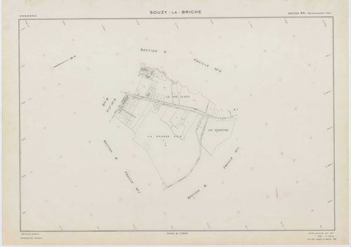 SOUZY-LA-BRICHE, plans minutes de conservation : tableau d'assemblage, 1933, Ech. 1/10000 ; plans des sections A1, A3, B1, B3, 1933, Ech. 1/2500, section A2, 1933, Ech. 1/1250, sections ZA, ZB, ZC, ZD, ZE, 1961, Ech. 1/2000. Polyester. N et B. Dim. 105 x 
