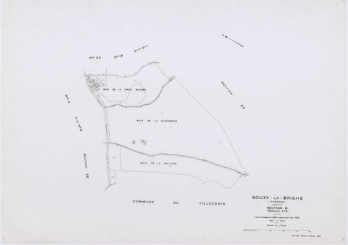 SOUZY-LA-BRICHE, plans minutes de conservation : tableau d'assemblage, 1933, Ech. 1/10000 ; plans des sections A1, A3, B1, B3, 1933, Ech. 1/2500, section A2, 1933, Ech. 1/1250, sections ZA, ZB, ZC, ZD, ZE, 1961, Ech. 1/2000. Polyester. N et B. Dim. 105 x 