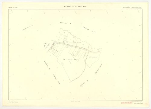 Plans minutes de conservation : SOUZY-LA-BRICHE : tableau d'assemblage, ech. 1/10000 (1933-1968) ; sections A1, ech. 1/2500, section A2, ech. 1/1250, sections A3, ech. 1/2000, section B3, ech. 1/2500 (1933-1968) ; section B1, ech. 1/2000 (1939-1961) ; sec
