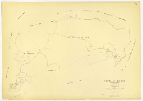 Plans minutes de conservation : SOUZY-LA-BRICHE : tableau d'assemblage, ech. 1/10000 (1933-1968) ; sections A1, ech. 1/2500, section A2, ech. 1/1250, sections A3, ech. 1/2000, section B3, ech. 1/2500 (1933-1968) ; section B1, ech. 1/2000 (1939-1961) ; sec