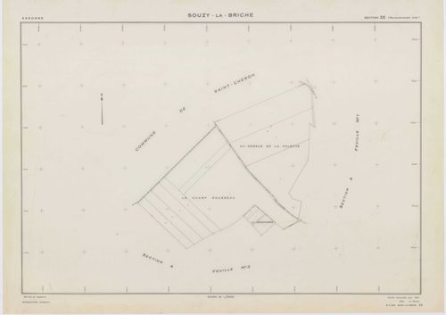 SOUZY-LA-BRICHE, plans minutes de conservation : tableau d'assemblage, 1933, Ech. 1/10000 ; plans des sections A1, A3, B1, B3, 1933, Ech. 1/2500, section A2, 1933, Ech. 1/1250, sections ZA, ZB, ZC, ZD, ZE, 1961, Ech. 1/2000. Polyester. N et B. Dim. 105 x 