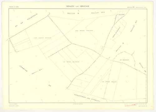 Plans minutes de conservation : SOUZY-LA-BRICHE : tableau d'assemblage, ech. 1/10000 (1933-1968) ; sections A1, ech. 1/2500, section A2, ech. 1/1250, sections A3, ech. 1/2000, section B3, ech. 1/2500 (1933-1968) ; section B1, ech. 1/2000 (1939-1961) ; sec