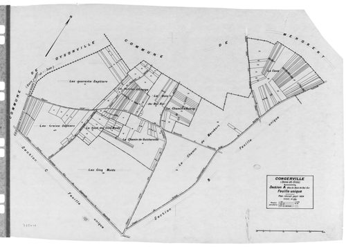 CONGERVILLE-THIONVILLE .- CONGERVILLE .- Cadastre révisé pour 1934 : plan du tableau d'assemblage , plans de la section A le Bois de Bel Air, section B les Limousins, section C le Village et le Chemin Bucos ; cadastre renouvelé pour 1951 : plan du tableau