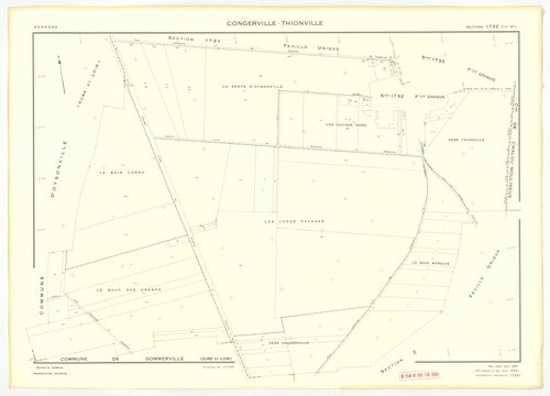 Plans minutes de conservation : CONGERVILLE-THIONVILLE, tableau d'assemblage n°1, ech. 1/10000 (1951-1976) ; THIONVILLE, tableau d'assemblage n°2, ech. 1/5000 (1951), sections W, X, Y, Z1, Z2, ech. 1/2000 (1951) ; CONGERVILLE, tableau d'assemblage n°3, ec