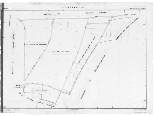 CONGERVILLE-THIONVILLE .- CONGERVILLE .- Cadastre révisé pour 1934 : plan du tableau d'assemblage , plans de la section A le Bois de Bel Air, section B les Limousins, section C le Village et le Chemin Bucos ; cadastre renouvelé pour 1951 : plan du tableau