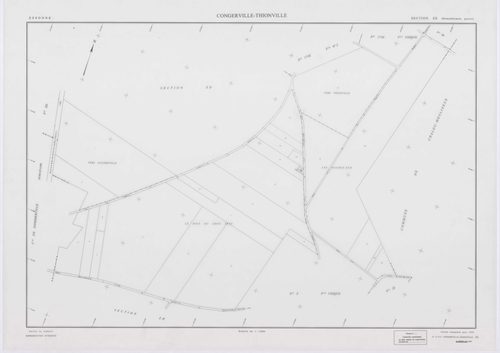 CONGERVILLE-THIONVILLE, plans minutes de conservation : tableau d'assemblage,1951, Ech. 1/10000 ; plans des sections 173X, Z, 1951, Ech. 1/2000, section 173 Z2, 1951, Ech. 1/1000, section ZA, 1991, Ech. 1/2000, sections ZB, ZC, ZD, ZE, ZH, ZI, ZK, 1994, E