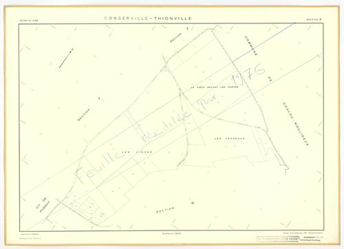 Plans minutes de conservation : CONGERVILLE-THIONVILLE, tableau d'assemblage n°1, ech. 1/10000 (1951-1976) ; THIONVILLE, tableau d'assemblage n°2, ech. 1/5000 (1951), sections W, X, Y, Z1, Z2, ech. 1/2000 (1951) ; CONGERVILLE, tableau d'assemblage n°3, ec