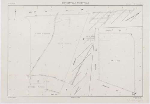 CONGERVILLE-THIONVILLE, plans minutes de conservation : tableau d'assemblage,1951, Ech. 1/10000 ; plans des sections 173X, Z, 1951, Ech. 1/2000, section 173 Z2, 1951, Ech. 1/1000, section ZA, 1991, Ech. 1/2000, sections ZB, ZC, ZD, ZE, ZH, ZI, ZK, 1994, E