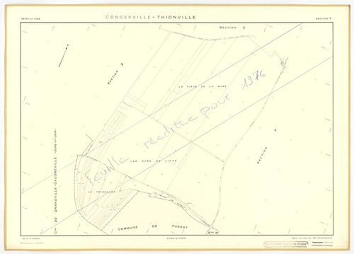 Plans minutes de conservation : CONGERVILLE-THIONVILLE, tableau d'assemblage n°1, ech. 1/10000 (1951-1976) ; THIONVILLE, tableau d'assemblage n°2, ech. 1/5000 (1951), sections W, X, Y, Z1, Z2, ech. 1/2000 (1951) ; CONGERVILLE, tableau d'assemblage n°3, ec