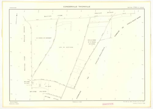 Plans minutes de conservation : CONGERVILLE-THIONVILLE, tableau d'assemblage n°1, ech. 1/10000 (1951-1976) ; THIONVILLE, tableau d'assemblage n°2, ech. 1/5000 (1951), sections W, X, Y, Z1, Z2, ech. 1/2000 (1951) ; CONGERVILLE, tableau d'assemblage n°3, ec