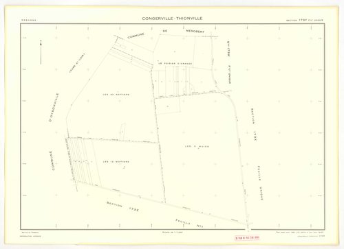 Plans minutes de conservation : CONGERVILLE-THIONVILLE, tableau d'assemblage n°1, ech. 1/10000 (1951-1976) ; THIONVILLE, tableau d'assemblage n°2, ech. 1/5000 (1951), sections W, X, Y, Z1, Z2, ech. 1/2000 (1951) ; CONGERVILLE, tableau d'assemblage n°3, ec