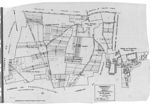 CONGERVILLE-THIONVILLE .- CONGERVILLE .- Cadastre révisé pour 1934 : plan du tableau d'assemblage , plans de la section A le Bois de Bel Air, section B les Limousins, section C le Village et le Chemin Bucos ; cadastre renouvelé pour 1951 : plan du tableau