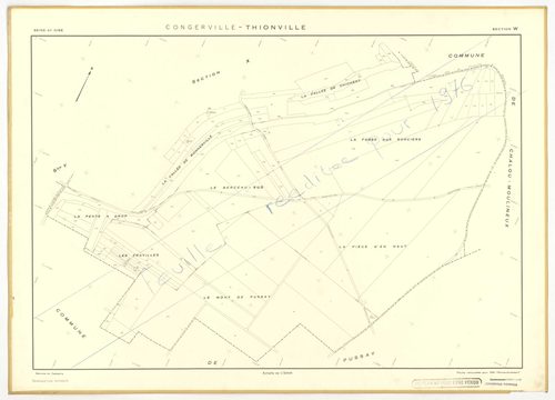 Plans minutes de conservation : CONGERVILLE-THIONVILLE, tableau d'assemblage n°1, ech. 1/10000 (1951-1976) ; THIONVILLE, tableau d'assemblage n°2, ech. 1/5000 (1951), sections W, X, Y, Z1, Z2, ech. 1/2000 (1951) ; CONGERVILLE, tableau d'assemblage n°3, ec