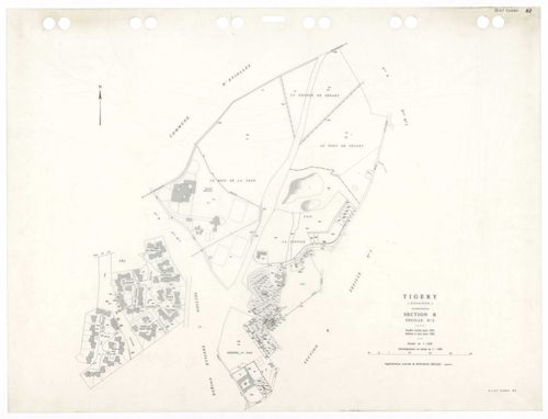 TIGERY, plans minutes de conservation : tableau d'assemblage,1933, Ech. 1/10000 ; plans des sections A1, A2, A3, B2, B4, CU, 1933, Ech. 1/2500, sections B1, B3, 1933, Ech. 1/1250, sections ZA, ZB, 1988, Ech. 1/2000. Polyester. N et B. Dim. 105 x 80 cm [11
