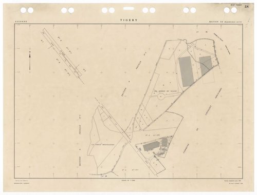 TIGERY, plans minutes de conservation : tableau d'assemblage,1933, Ech. 1/10000 ; plans des sections A1, A2, A3, B2, B4, CU, 1933, Ech. 1/2500, sections B1, B3, 1933, Ech. 1/1250, sections ZA, ZB, 1988, Ech. 1/2000. Polyester. N et B. Dim. 105 x 80 cm [11
