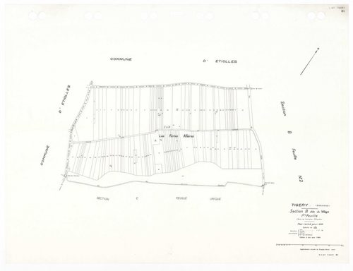 TIGERY, plans minutes de conservation : tableau d'assemblage,1933, Ech. 1/10000 ; plans des sections A1, A2, A3, B2, B4, CU, 1933, Ech. 1/2500, sections B1, B3, 1933, Ech. 1/1250, sections ZA, ZB, 1988, Ech. 1/2000. Polyester. N et B. Dim. 105 x 80 cm [11