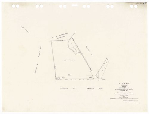 TIGERY, plans minutes de conservation : tableau d'assemblage,1933, Ech. 1/10000 ; plans des sections A1, A2, A3, B2, B4, CU, 1933, Ech. 1/2500, sections B1, B3, 1933, Ech. 1/1250, sections ZA, ZB, 1988, Ech. 1/2000. Polyester. N et B. Dim. 105 x 80 cm [11