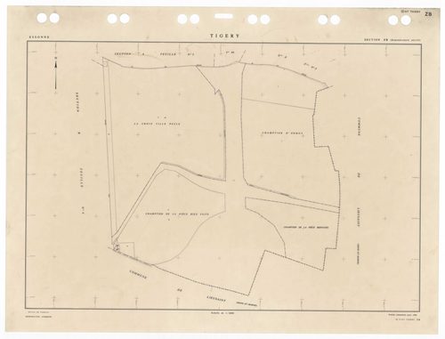 TIGERY, plans minutes de conservation : tableau d'assemblage,1933, Ech. 1/10000 ; plans des sections A1, A2, A3, B2, B4, CU, 1933, Ech. 1/2500, sections B1, B3, 1933, Ech. 1/1250, sections ZA, ZB, 1988, Ech. 1/2000. Polyester. N et B. Dim. 105 x 80 cm [11