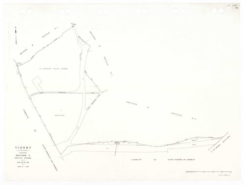 TIGERY, plans minutes de conservation : tableau d'assemblage,1933, Ech. 1/10000 ; plans des sections A1, A2, A3, B2, B4, CU, 1933, Ech. 1/2500, sections B1, B3, 1933, Ech. 1/1250, sections ZA, ZB, 1988, Ech. 1/2000. Polyester. N et B. Dim. 105 x 80 cm [11